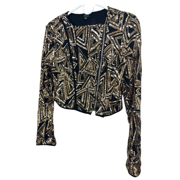 privy Jackets & Blazers - Privy Womens Sequin Jacket Collarless Asymmetric Zip Long Sleeve Gold Black
